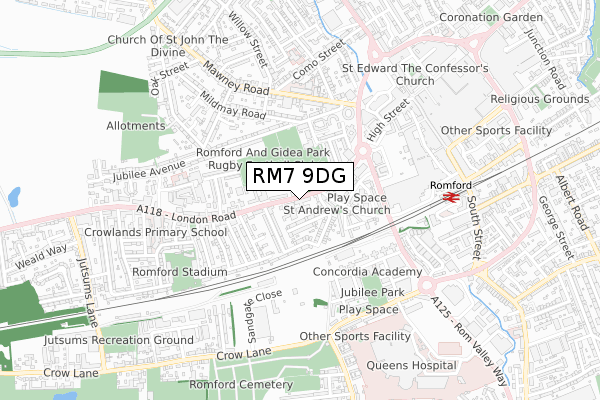 RM7 9DG map - small scale - OS Open Zoomstack (Ordnance Survey)