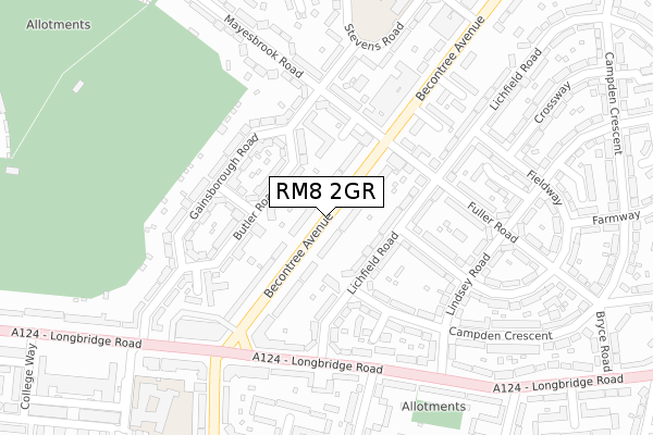 RM8 2GR map - large scale - OS Open Zoomstack (Ordnance Survey)
