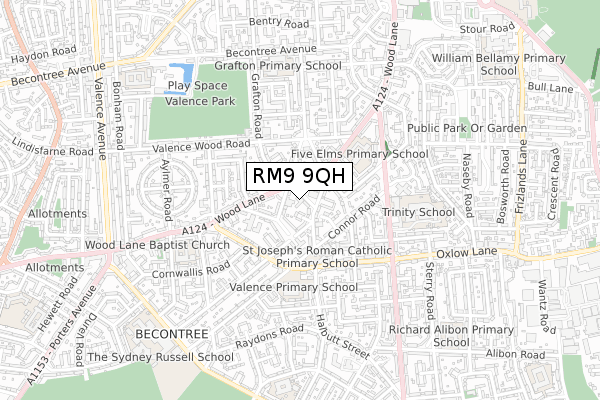 RM9 9QH map - small scale - OS Open Zoomstack (Ordnance Survey)