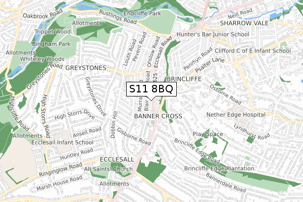 S11 8BQ map - small scale - OS Open Zoomstack (Ordnance Survey)