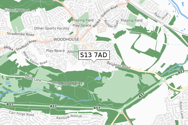 S13 7AD map - small scale - OS Open Zoomstack (Ordnance Survey)