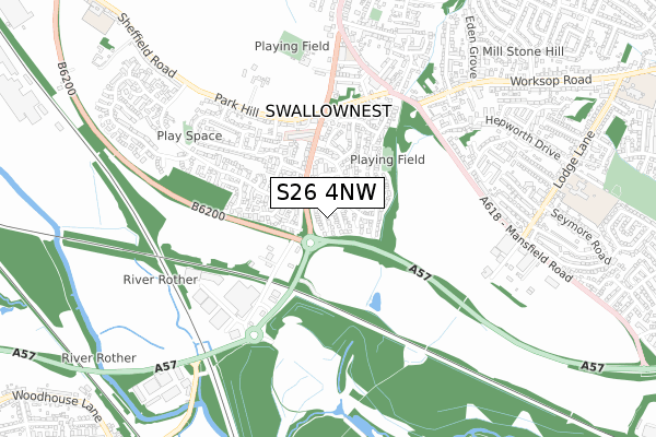 S26 4NW map - small scale - OS Open Zoomstack (Ordnance Survey)