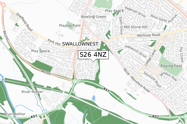 S26 4NZ map - small scale - OS Open Zoomstack (Ordnance Survey)