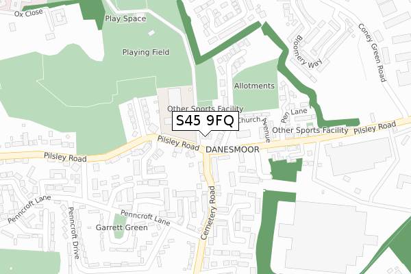 S45 9FQ map - large scale - OS Open Zoomstack (Ordnance Survey)