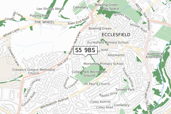 S5 9BS map - small scale - OS Open Zoomstack (Ordnance Survey)