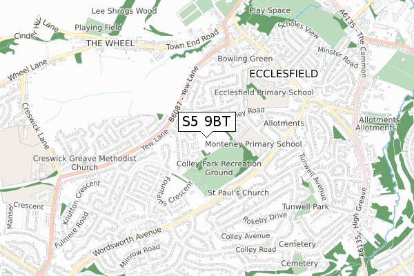 S5 9BT map - small scale - OS Open Zoomstack (Ordnance Survey)