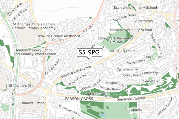 S5 9PG map - small scale - OS Open Zoomstack (Ordnance Survey)