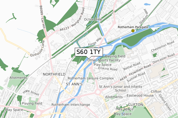 S60 1TY map - small scale - OS Open Zoomstack (Ordnance Survey)