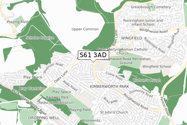 S61 3AD map - small scale - OS Open Zoomstack (Ordnance Survey)