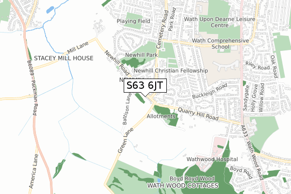 S63 6JT map - small scale - OS Open Zoomstack (Ordnance Survey)