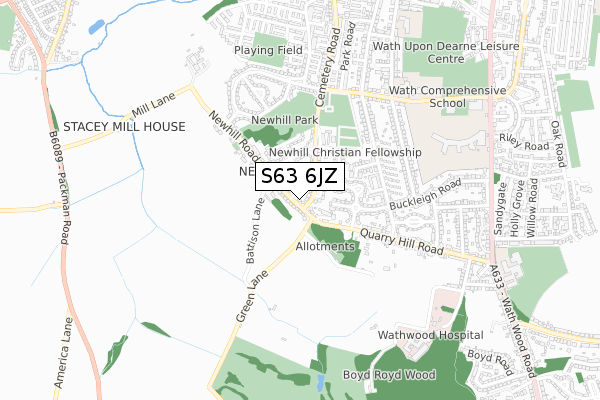 S63 6JZ map - small scale - OS Open Zoomstack (Ordnance Survey)