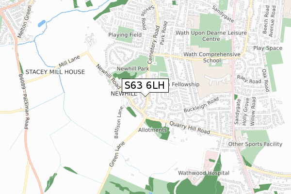 S63 6LH map - small scale - OS Open Zoomstack (Ordnance Survey)