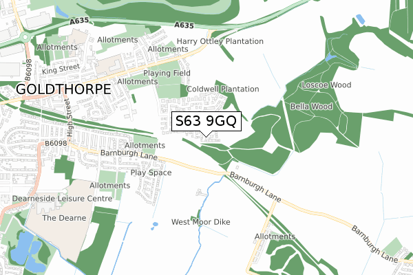 S63 9GQ map - small scale - OS Open Zoomstack (Ordnance Survey)