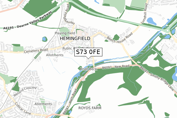 S73 0FE map - small scale - OS Open Zoomstack (Ordnance Survey)