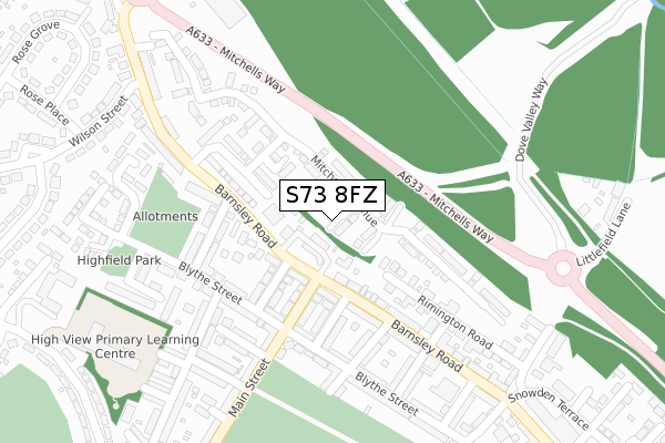 S73 8FZ map - large scale - OS Open Zoomstack (Ordnance Survey)