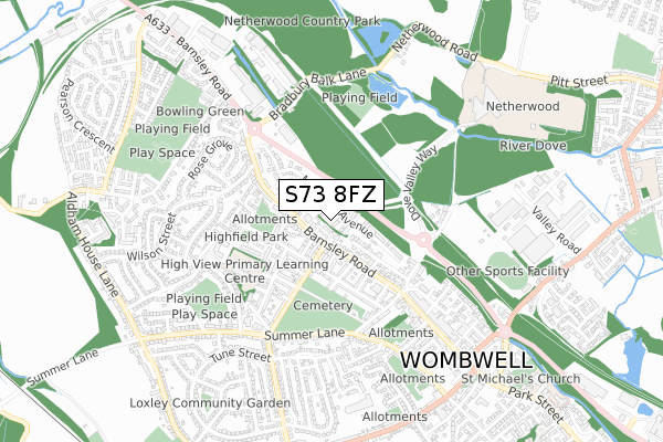 S73 8FZ map - small scale - OS Open Zoomstack (Ordnance Survey)