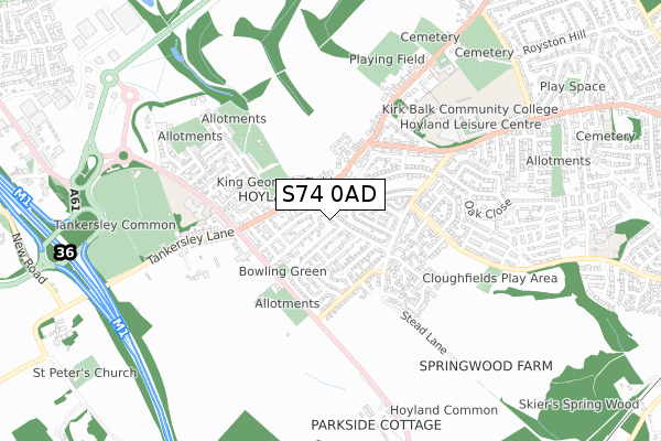 S74 0AD map - small scale - OS Open Zoomstack (Ordnance Survey)