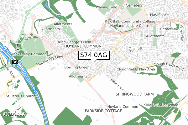 S74 0AG map - small scale - OS Open Zoomstack (Ordnance Survey)