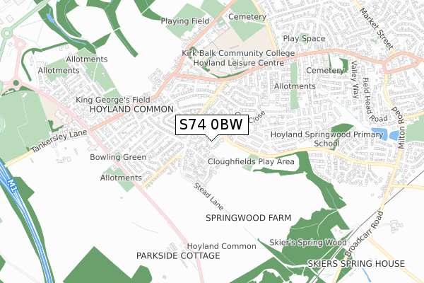 S74 0BW map - small scale - OS Open Zoomstack (Ordnance Survey)