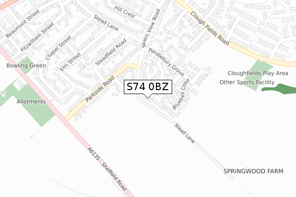 S74 0BZ map - large scale - OS Open Zoomstack (Ordnance Survey)