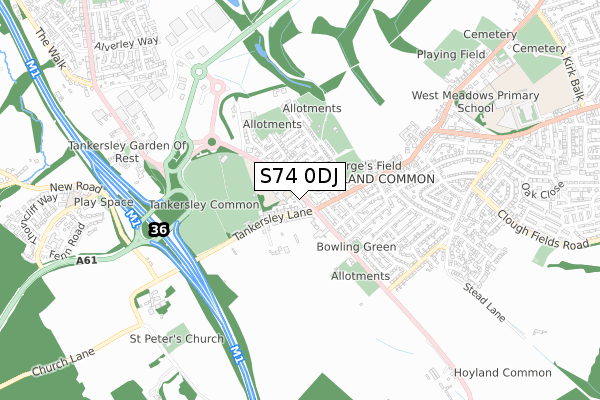 S74 0DJ map - small scale - OS Open Zoomstack (Ordnance Survey)