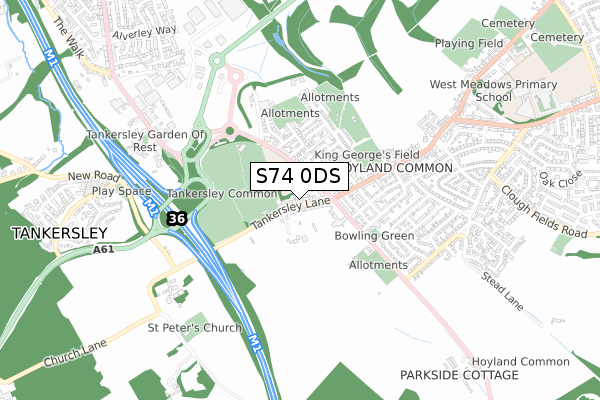 S74 0DS map - small scale - OS Open Zoomstack (Ordnance Survey)