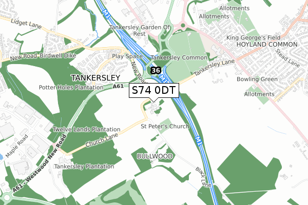 S74 0DT map - small scale - OS Open Zoomstack (Ordnance Survey)