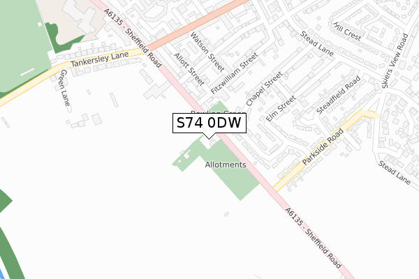 S74 0DW map - large scale - OS Open Zoomstack (Ordnance Survey)