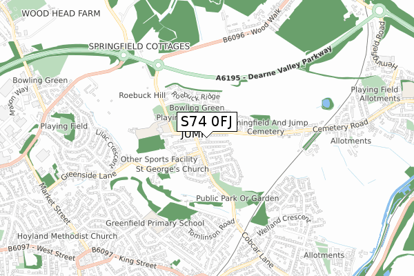 S74 0FJ map - small scale - OS Open Zoomstack (Ordnance Survey)