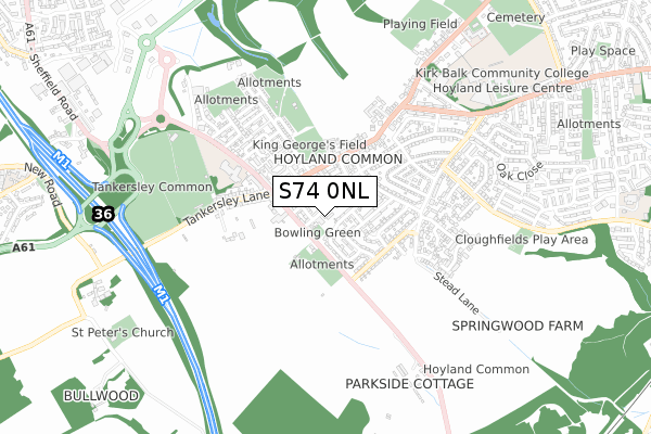 S74 0NL map - small scale - OS Open Zoomstack (Ordnance Survey)