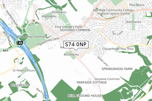 S74 0NP map - small scale - OS Open Zoomstack (Ordnance Survey)