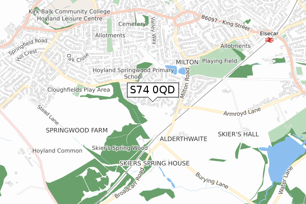 S74 0QD map - small scale - OS Open Zoomstack (Ordnance Survey)