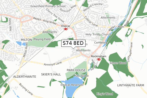 S74 8ED map - small scale - OS Open Zoomstack (Ordnance Survey)