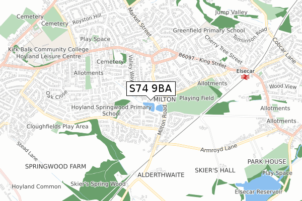 S74 9BA map - small scale - OS Open Zoomstack (Ordnance Survey)