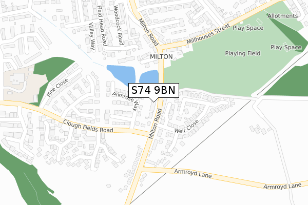 S74 9BN map - large scale - OS Open Zoomstack (Ordnance Survey)