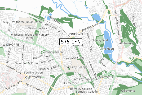 S75 1FN map - small scale - OS Open Zoomstack (Ordnance Survey)