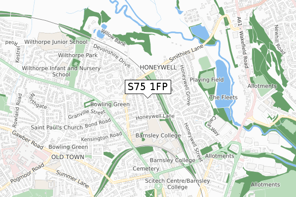 S75 1FP map - small scale - OS Open Zoomstack (Ordnance Survey)