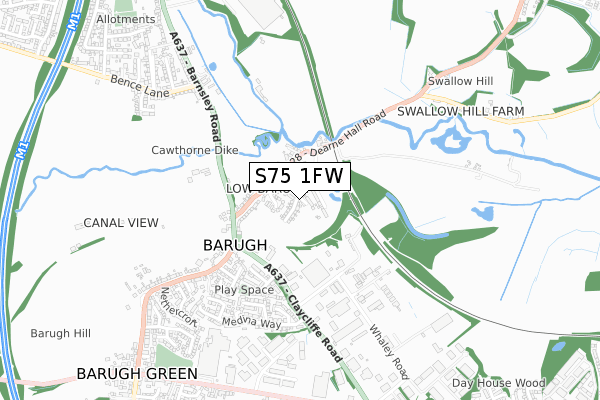 S75 1FW map - small scale - OS Open Zoomstack (Ordnance Survey)