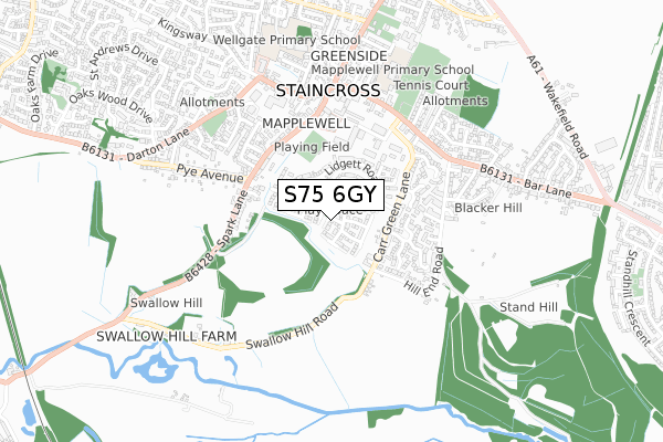 S75 6GY map - small scale - OS Open Zoomstack (Ordnance Survey)