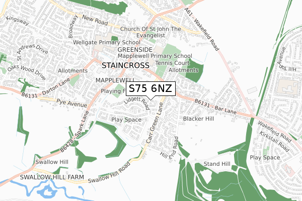 S75 6NZ map - small scale - OS Open Zoomstack (Ordnance Survey)