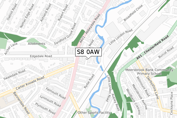 S8 0AW map - large scale - OS Open Zoomstack (Ordnance Survey)