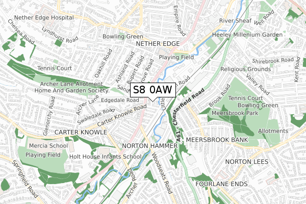 S8 0AW map - small scale - OS Open Zoomstack (Ordnance Survey)