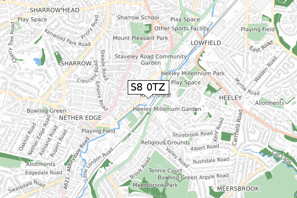 S8 0TZ map - small scale - OS Open Zoomstack (Ordnance Survey)