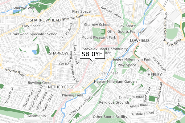 S8 0YF map - small scale - OS Open Zoomstack (Ordnance Survey)