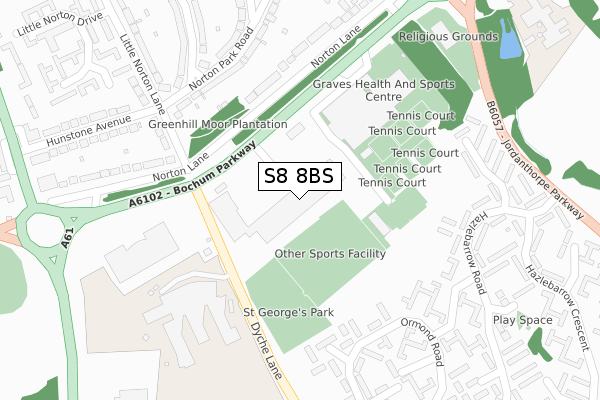 S8 8BS map - large scale - OS Open Zoomstack (Ordnance Survey)