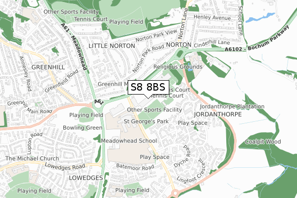 S8 8BS map - small scale - OS Open Zoomstack (Ordnance Survey)