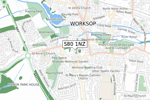 S80 1NZ map - small scale - OS Open Zoomstack (Ordnance Survey)