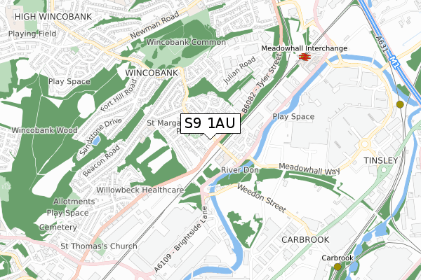 S9 1AU map - small scale - OS Open Zoomstack (Ordnance Survey)