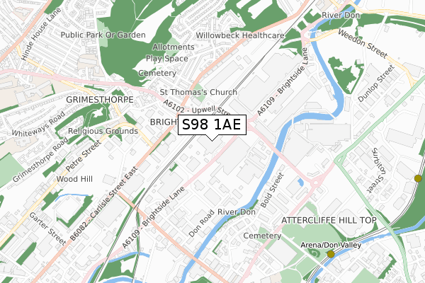 S98 1AE map - small scale - OS Open Zoomstack (Ordnance Survey)