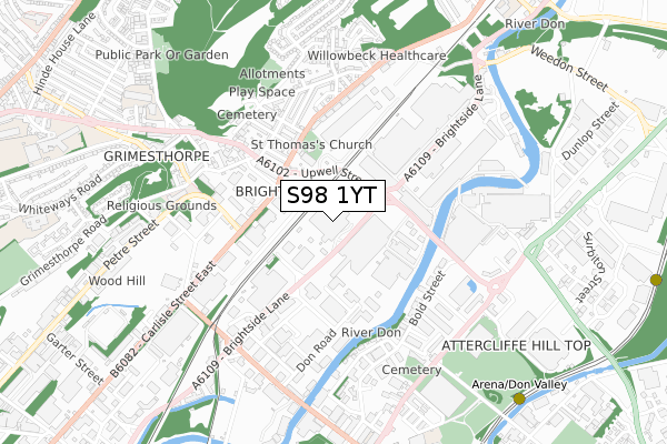 S98 1YT map - small scale - OS Open Zoomstack (Ordnance Survey)